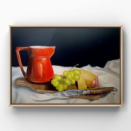 Olie maleri Opstilling: kande, ost og druer - pengene går ubeskåret til “Børns Vilkår” (2024) af Steen Sønderup malet i 2024