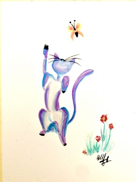 Akvarel maleri Playing cat (2024) af Nicole Forup malet i 2024
