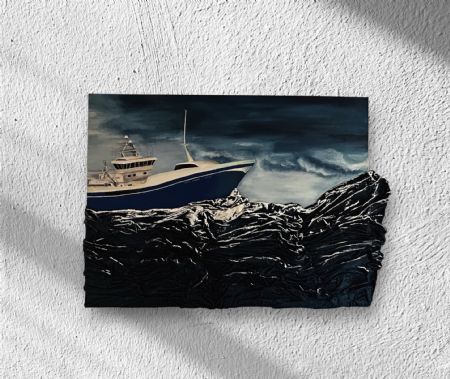 Olie maleri Fisker skib (2024) af Leila A. Jansen malet i 2024