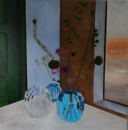 Olie maleri Vaser på bord (2024) af Marianne Laurse malet i 2024