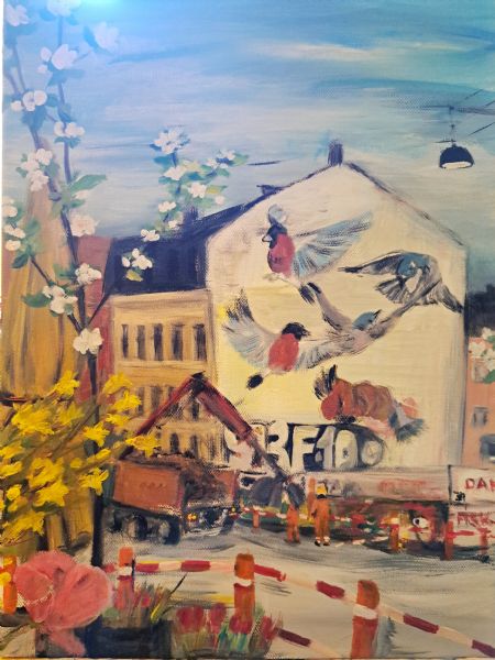 Akryl maleri byens blomster og fugle af Bruun Falck malet i 2024