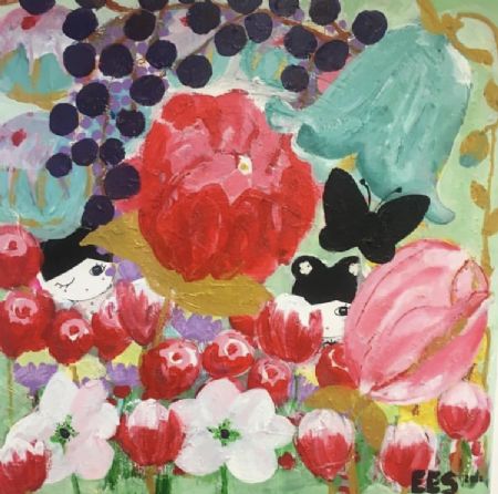 Akryl maleri Blooming Kokeshi af Eva Elisabeth Scott malet i 2019