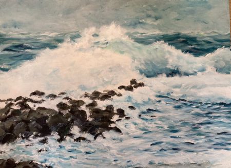 Akryl maleri Bølger mod sten af Tatiana Rask malet i 2021