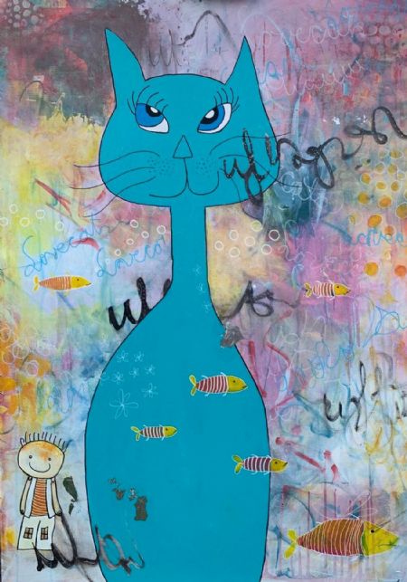 Akryl maleri Le chat af Sidse Abel malet i 2022