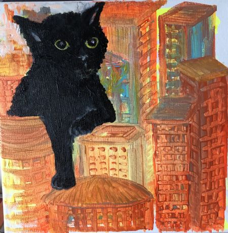Akryl maleri Black cat saving town af Alex Zichau malet i 2023