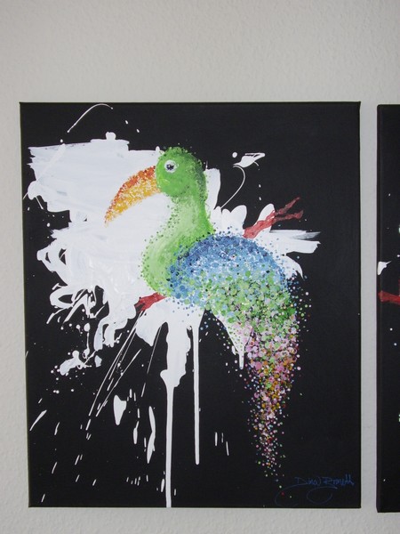Akryl maleri Fugl af prikker 1 af Dina Brandt malet i 2009