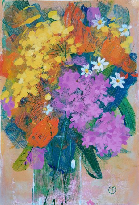 Akryl maleri Hortensia og vilde blomster af Irina Plaksina malet i 2024