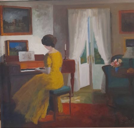 Olie maleri Pigen ved klaveret af Parviz Hormozi malet i 1967