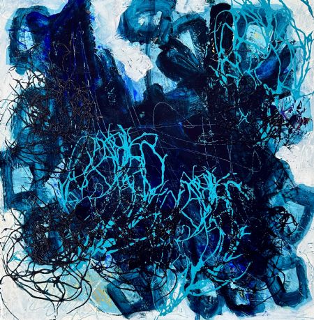 Akryl maleri Blue monday with blue spots af Inge Thøgersen malet i 2024