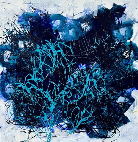 Akryl maleri Blue sunday with blue spots af Inge Thøgersen malet i 2024