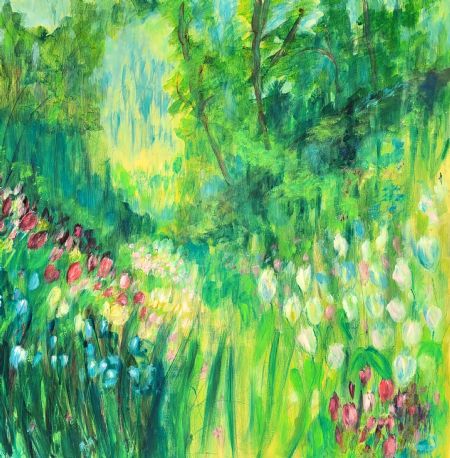 Akryl maleri 'Forår og Tulipaner' af Aase Lind malet i 