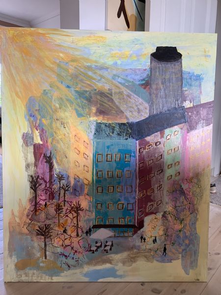Akryl maleri Storbyen af Kirsti Rønsch malet i 2024