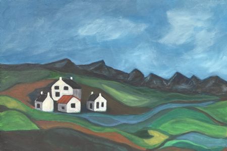 Akryl maleri Landskab med bjerge af Bente Grøndahl Hansen malet i 2023