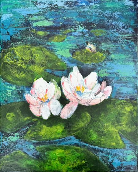 Blandede medier maleri Lotusblomster af Ia Brix Ohmann malet i 2024