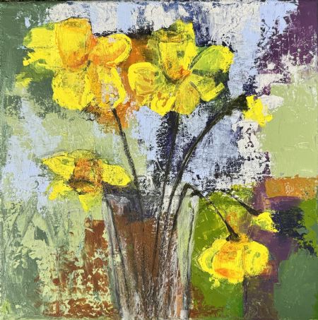 Blandede medier maleri Påskeliljer i vase af Ia Brix Ohmann malet i 2024