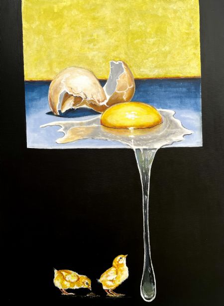 Akryl maleri Er du til kyllinger, eller spejlæg ?? af Vibeke Findshøj malet i 2024