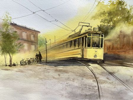 Akvarel maleri Den gule sporvogn af Galina Landbo malet i 