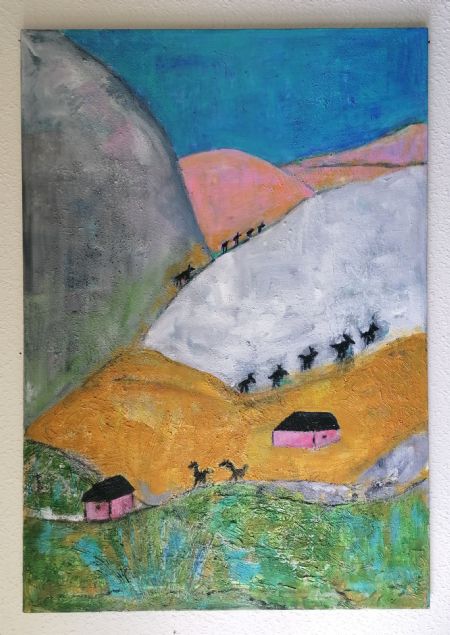 Blandede medier maleri Bjerg landskab. af Elna Zølner malet i 2020