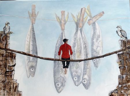Akryl maleri Drømmen om den store fangst af Vibeke Findshøj malet i 2024