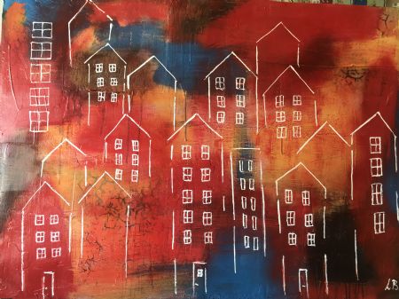 Akryl maleri red houses 2 af Laila bollerslev malet i 2024