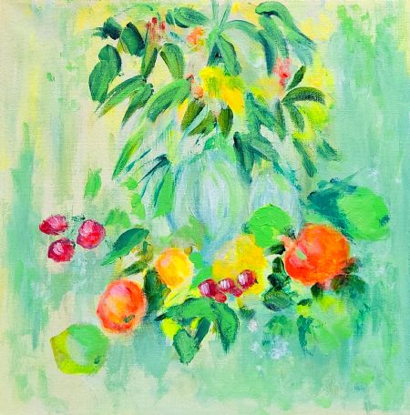 Akryl maleri 'Fruit & Flowers II' af Aase Lind malet i 