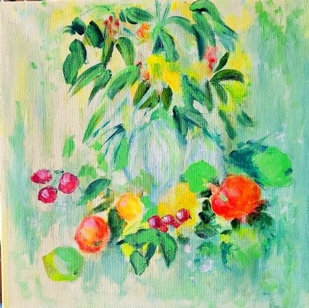 Akryl maleri 'Fruit & Flowers II' af Aase Lind malet i 