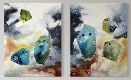 Akryl maleri HAPPY BIRDS 01+02 af Art by Jannie Nyegaard malet i 2025