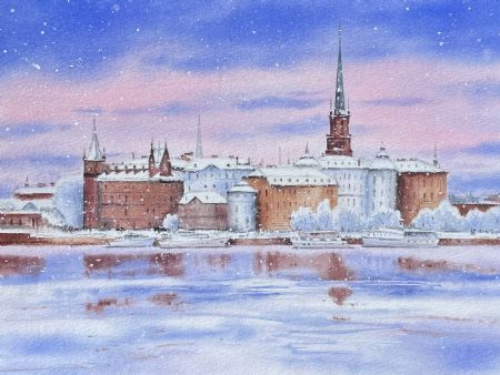 Akvarel maleri Vinter i Stockholm af Galina Landbo malet i 