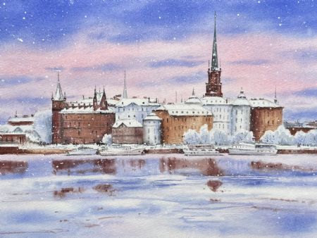 Akvarel maleri Vinter i Stockholm af Galina Landbo malet i 