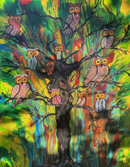 Akryl maleri The Owl Tree af Lisbeth Storgaard malet i 2023