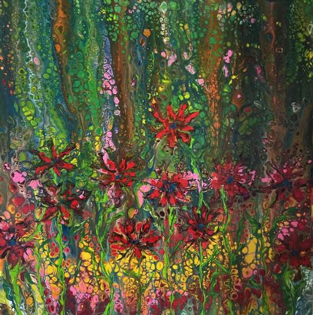 Akryl maleri Blomster i skoven af Lisbeth Storgaard malet i 2023