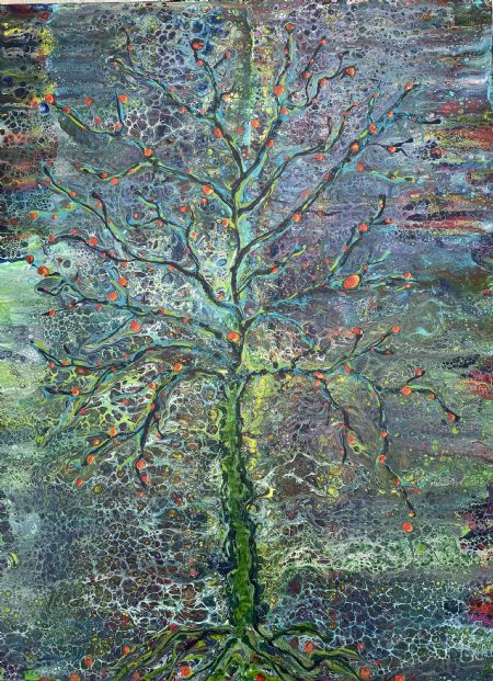 Akryl maleri Træ i farver af Lisbeth Storgaard malet i 2023
